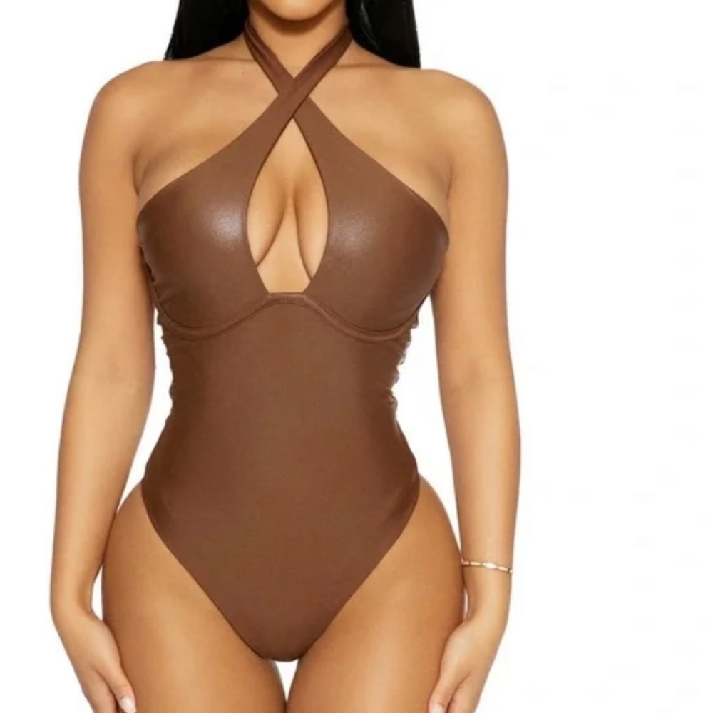 Naked Wardrobe Got Me Drippin’ Crisscross Cutout Faux Leather Underwire Bodysuit